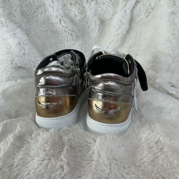 NEW Zadig & Voltaire Silver Gold Mid Top Flash Vintage Metallic Mix Sneakers 6.5 - Picture 7 of 12